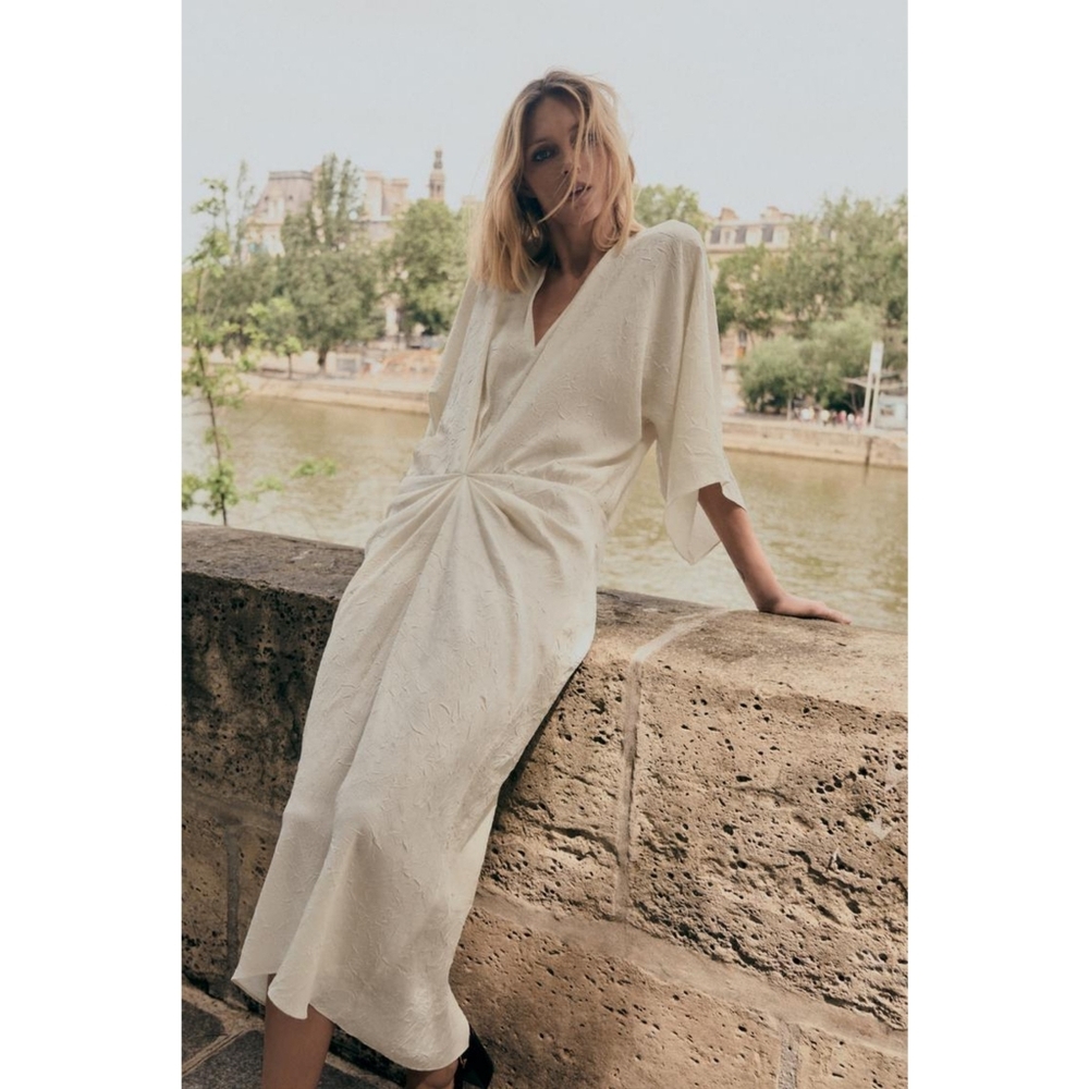 Zara Crinkle Effect Twist Front Maxi Dress